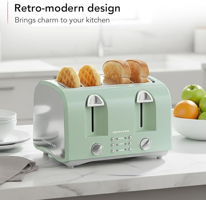 OVENTE Electric 4-Slice Toaster Machine with 6-Shade Selector Setting, Cancel Button, Defrost Function, Crumb Tray, 1400W Power and Wide Slots for Bagels, Waffles and Puff Pastry, TS4410LBL