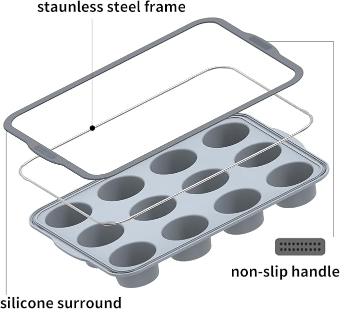 Aichoof Non-Stick Silicone Muffin Pan With Reinforced Stainless Steel Frame Inside,12 Cup Regular Muffin Baking Mold, 12 Cup Muffin Tin, BPA Free,Dishwasher Safe, Gray