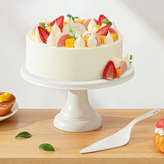 JOYMAY 9.6 Inch Bamboo Fiber Cake Stand, Round Cake Holder, Cake Plate with Detachable Base, Dessert Table Display Set, Cake Decorating for Birthday Party Baking Gifts for 6inch, 8inch Cakes (White)