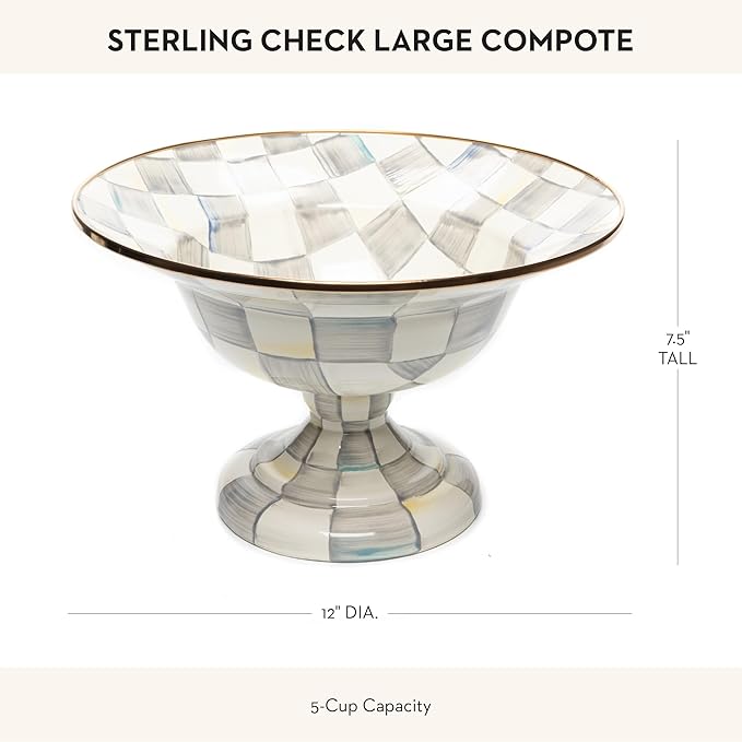 MACKENZIE-CHILDS Enamel Compote, Cute Enamel Pedestal Serving Dish or Decorative Bowl, Large, Gray-and-White Sterling Check