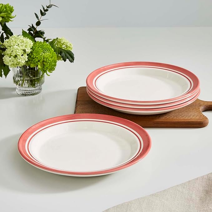 Portmeirion Potter's Striped Dinner Plate (Set of 4) - 10.5-Inch Stackable Earthenware Plates - Microwave & Dishwasher Safe, Handcrafted Dinnerware for Casual & Formal Table Settings (Red Stripe)