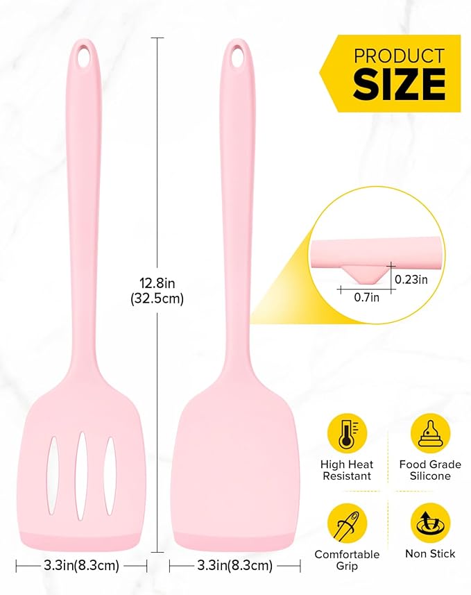 Pack of 2 Silicone Spatula Turners, Non Stick Slotted Kitchen Spatula Set, Heat Resistant BPA Free Kitchen Utensils, One-Piece Design, Suitable for Flipping Fish, Eggs, Steak, Pancakes (PINK)