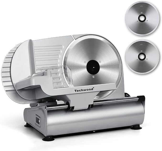 Meat Slicer, Techwood Electric Deil Food Slicer with Removable 9” Stainless Steel Blade, Deli Cheese Fruit Vegetable Bread Cutter with Adjustable Knob for Thickness, Food Carriage & Non-Slip Feet