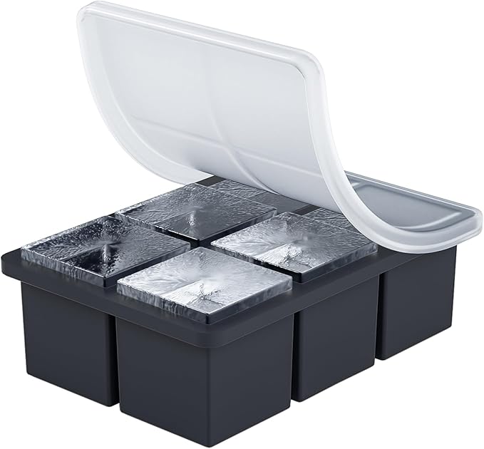 Large Ice Cube Tray for Whiskey, HANCELANT Big Silicone Square Ice Cube Mold with Removable Lid, 2'' Huge Square Ice Cubed Tray for Whisky and Cocktail