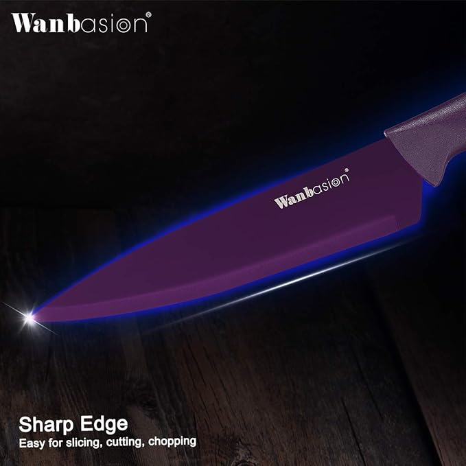 Wanbasion Purple Professional Kitchen Knife Chef Set, Stainless Steel, Dishwasher Safe with Covers