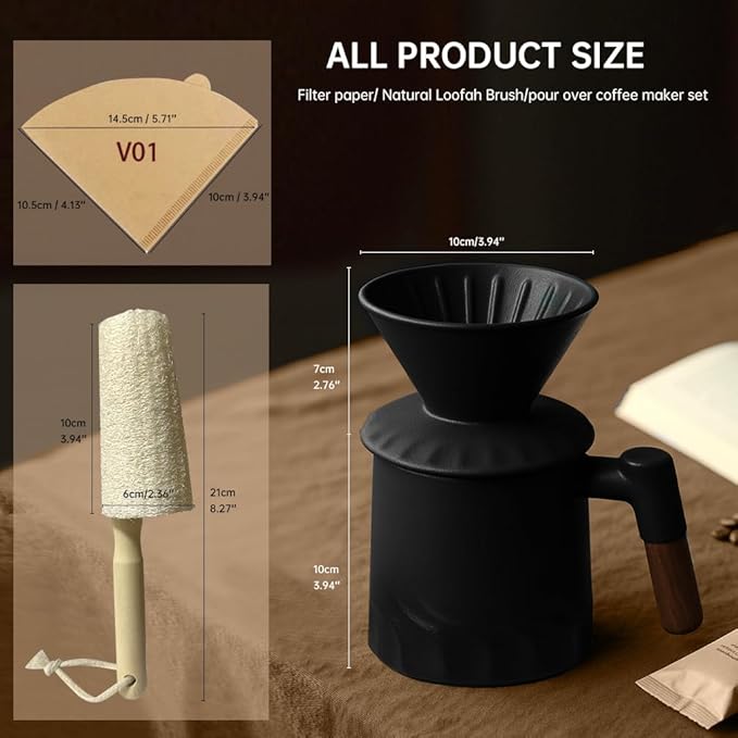 Pour Over Coffee Maker Set, Ceramic Pour Over Coffee Dripper 15.5oz/450 ml with 25 Pcs V60 Paper Filter, Coffee Pour Over Set for Camping, Black