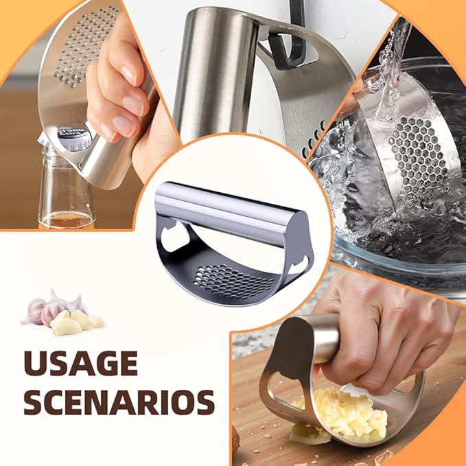 Stainless Steel Garlic Presser, Upgrade Rocker Crusher Masher with Garlic Peeling, 2026 New Portable Manual Stainless Steel Garlic Press for Home Kitchen Utensils (1)
