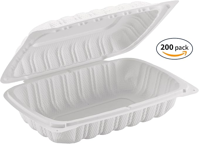 TIYA Clamshell Food Containers - White Bulk 200 Pack, 9x6 in - BPA-Free Plastic To-Go Containers - Microwavable, Hinged, Tall Clamshells Reusable Packing- Great for Meal Prep
