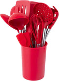 Silicone Kitchen Tools - Non - Stick, Anti - Slip, High - Temperature Resistant, Scald - Proof 14 - Piece Set with Stainless Steel Tube Handles & a Storage Bucket (Red)