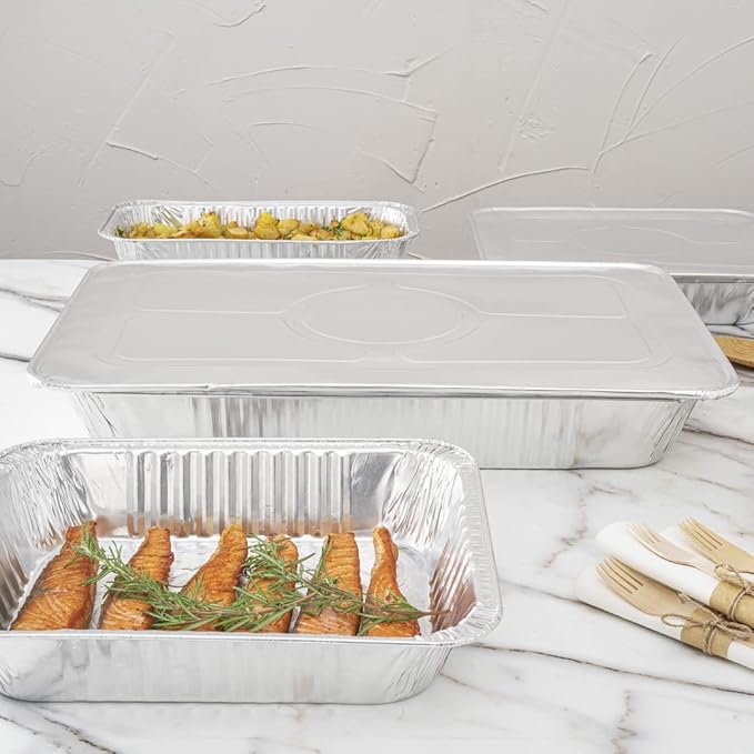 Restaurantware-LIDS ONLY: 25 Foil Pan Lids, Fits Full Size Steam Table Lid, Oven-Ready Tray Lids, Freezable, Silver Aluminum Disposable Turkey Pan Covers, Pans Sold Separately