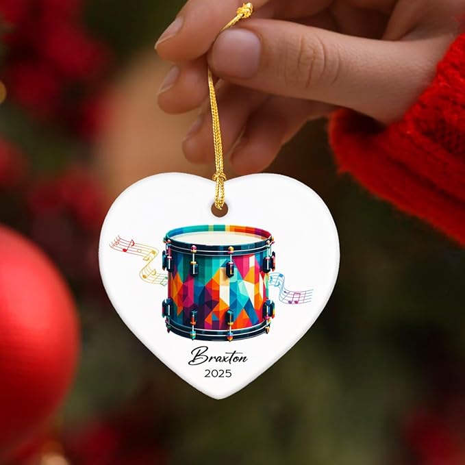 Personalized Drum Xmas Ceramic Ornaments Gifts for Band Music, Drummer Ornament Keepsake 2025, Customized Name & Year Drum Instrument Lovers Ceramic Ornaments, Drumming Player Christmas Ornament Tree