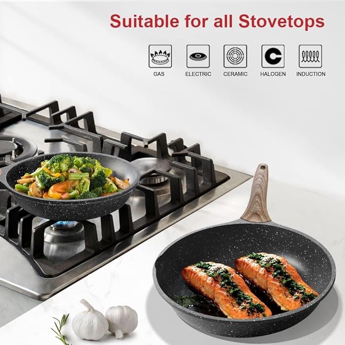 Caannasweis Nonstick Granite Frying Pan Skillet, Non Stick Omelette Fry Pans, Omelet Egg Pan, Stone Cookware Chef's Pan, Induction Compatible, PFOA Free (Gray, 8 Inch with Lid)