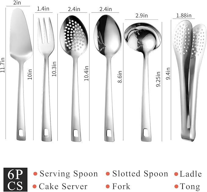 6 PCS Stainless Steel Serving Utensils, 10 Inch Serving Spoons for Buffet Large Hosting Metal Spoons, Silverware Set Tongs for Serving Food Parties Catering