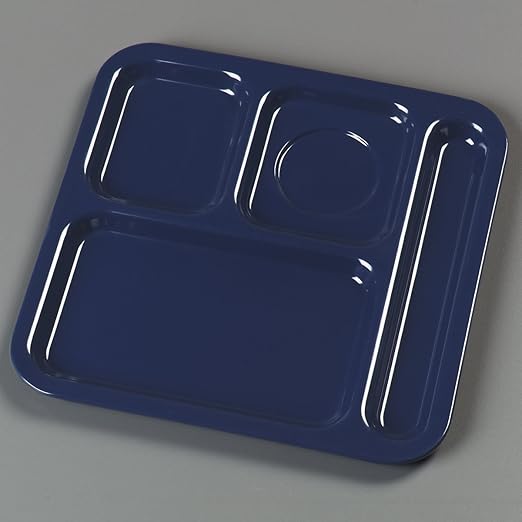 Carlisle FoodService Products Plastic Food Tray, Right-Hand 4-Compartment Tray for Schools, Dining Halls, and restaurants, Melamine, 10 x 9.75 Inches, Blue