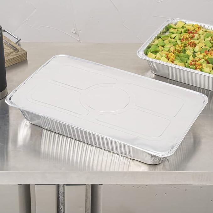 Restaurantware-LIDS ONLY: 25 Foil Pan Lids, Fits Full Size Steam Table Lid, Oven-Ready Tray Lids, Freezable, Silver Aluminum Disposable Turkey Pan Covers, Pans Sold Separately