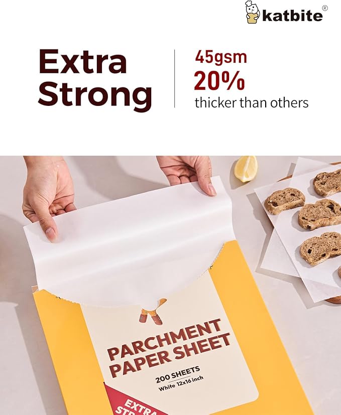 Katbite 200PCS 12x16 In Heavy Duty Flat Parchment Paper, Parchment Paper Sheets for Baking Cookies, Cooking, Frying, Air Fryer, Grilling Rack, Oven(12x16 Inch)[Advanced Series]