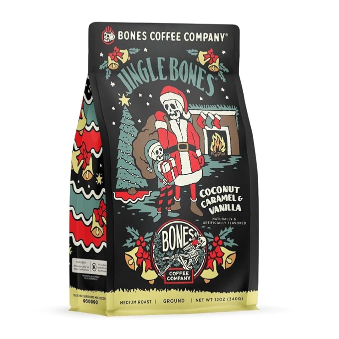 Bones Coffee Company Jingle Bones, Caramel Vanilla Coconut Flavored Coffee, Medium Roast Low Acid Arabica Beans Compatible with Auto drip and French Press Coffee Maker, 12 Oz Ground