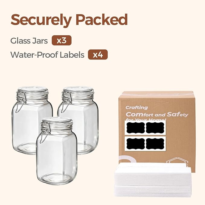 ComSaf Airtight Glass Canister Set of 3 with Lids 50oz Clear Food Storage Jars Square, Kitchen & Pantry Organization Food Storage Container for Canning, Sugar, Flour, Pasta, Candy, Cereal, Coffee