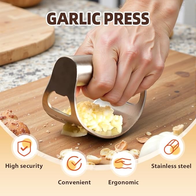 Stainless Steel Garlic Press, 2025 New Arc Shape Stainless Steel Ring Garlic Chopper, Garlic Presse Rocker Garlic Press Mincer Crusher Press, Kitchen Heavy Duty Handle Garlic Chopper (2)