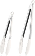TeamFar Kitchen Tongs, 9" and 12" Stainless Steel Cooking Tongs with Silicone Tips for Cooking Grilling Serving & BBQ, Heat Resistant Silicone Tongs, Locking Design & Dishwasher Safe, Set of 2 & White