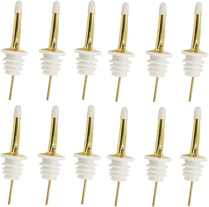 24 Pack Liquor Pour Spouts Set - Stainless Steel bottle spout and Liquor Pourers Dust Caps Covers Gold White