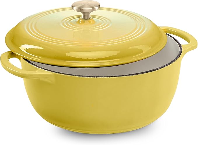 Best Choice Products 6 Quart Enamel Cast-Iron Round Dutch Oven, Family Style Heavy-Duty Pre-Seasoned Cookware for Home, Kitchen, Dining Room, Oven Safe w/Lid, Dual Handles - Lemon Meringue