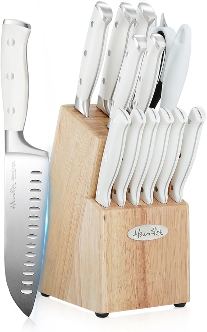 Harriet 14-Piece Knife Block Set, High-Carbon Stainless Steel Chef Knives with Triple Rivet Handles, Sharpening Steel & Multifunctional Shears | Santoku, Bread, Steak Knives & Wood Block