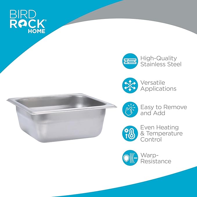 BIRDROCK HOME Stainless Steel Steam Table Pan - Hotel, Restaurant & Catering Supplies - 24 Gauge Steel, 1.2 qt Capacity - Meal Prep, Cooking, & Food Storage Container - 2.5" Depth, 1/6-Size (6 Pack)