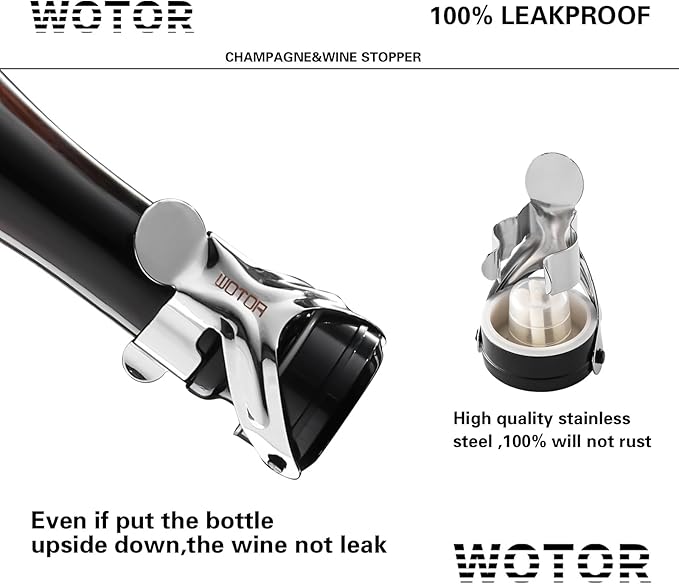 WOTOR Champagne&Wine Bottle Stoppers Stainless Steel with Food Grade Silicone, Leak Proof Keep Fresh Reusable Saver, Cork Suitable for Wine, Champagne, Cava, Prosecco and Sparkling (2 Pack Silver）