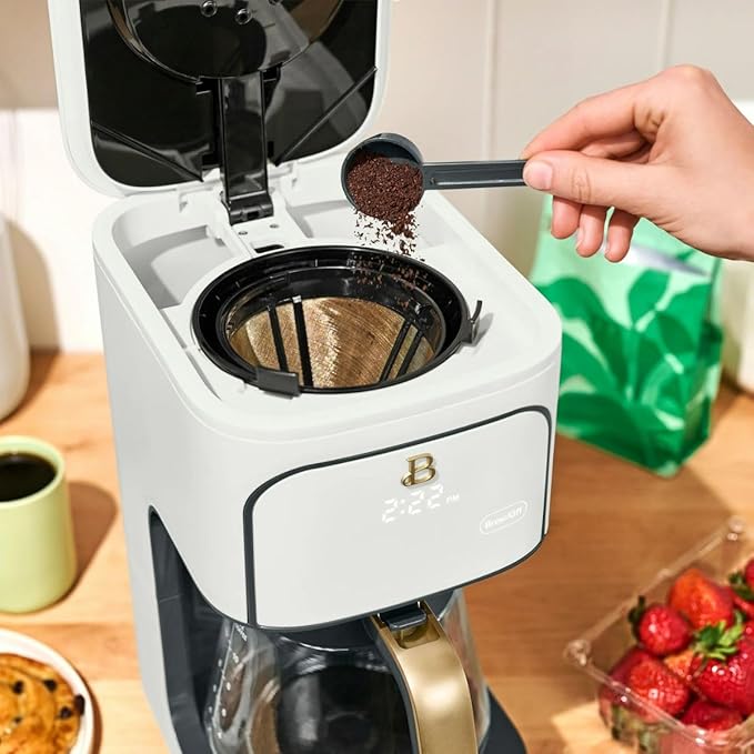 Beautiful 12-Cup Programmable Coffee Maker by Drew Barrymore, Touch-Activated Display, Auto Brew 24hr Timer, Regular/Gourmet/Bold Strength Options, Keep Warm & Auto Clean – Matte Finish (White Icing)