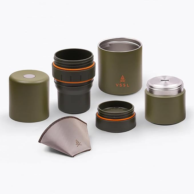 VSSL - Nest Pour Over Coffee Kit | Coffee Maker for Camping | All-In-One Travel Pour Over | Transportable Dripper, Two 10oz Stainless Steel Travel Mugs | Compact Storage & Adventure Ready | Deep Moss