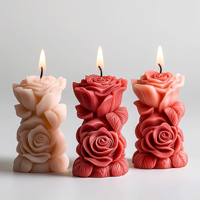 Floral Column Candle Mold with 50pcs Wax Core, Aroma Candle DIY Mold, Handmade Candle Making Supplies, Romantic Scented Candle Silicone Mold Valentine's Day, Personalized Romantic Crafts(A-Flower)