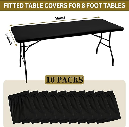 10 Pack Stretch Fabric Table Top Cap Cover, fits 8' Tables, Spandex Table Covers Washable Elastic Universal Rectangle Tablecloth Protector for Indoor Outdoor Party Picnic Wedding, Black, 30" W x 96" L