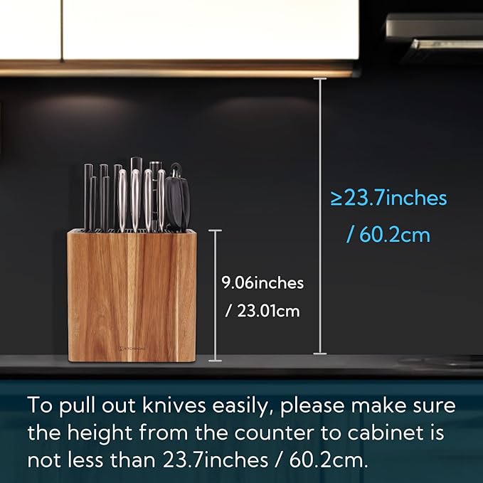 KITCHENDAO XL Acacia Wood Universal Knife Block with Slots for Scissors and Sharpening Rod, Safe, Space Saver Knives Storage Stand Display without Knives, Unique Slot Design to Protect Blade