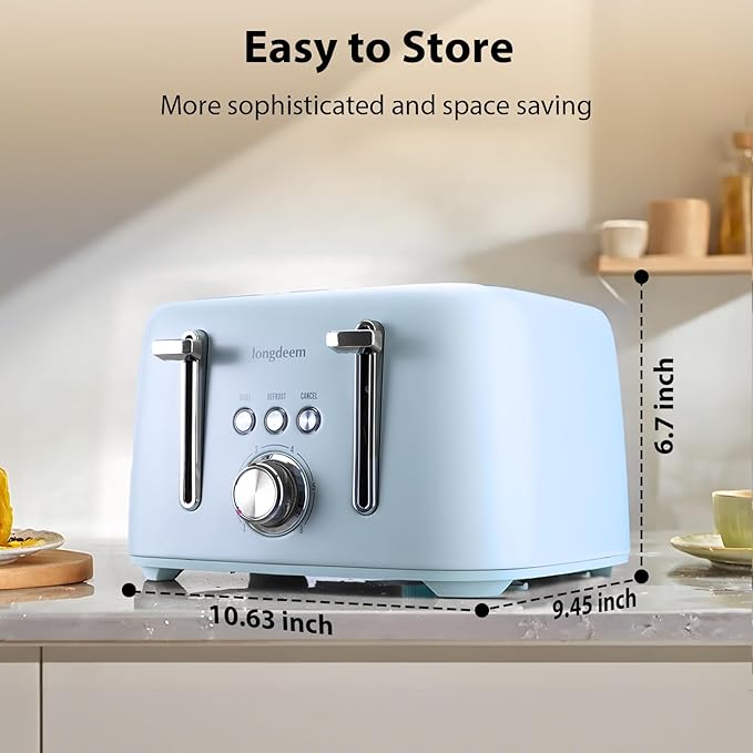 LONGDEEM 4-Slice Toaster 1.5" Extra Wide Slot Stainless Steel with High Lift Lever, 6 Presets & Bagel/Defrost/Cancel Function, Removal Crumb Tray, Under Base Cord Storage, Blue