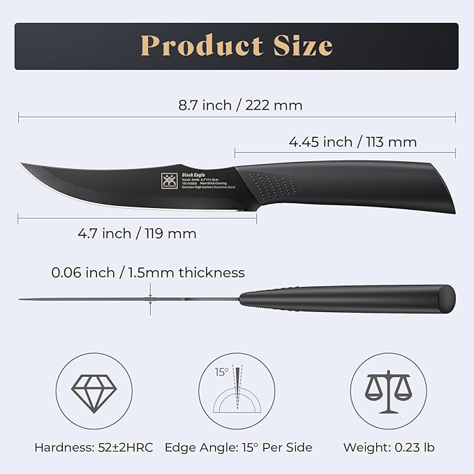 Steak Knives Set of 8, 4.7 Inch Dishwasher Safe Non Serrated Dinner Knives, Razor Sharp for Precise Cutting, Non-Stick Blade & Non Rust, Easy to Maintain Ideal for Home Restaurant Party