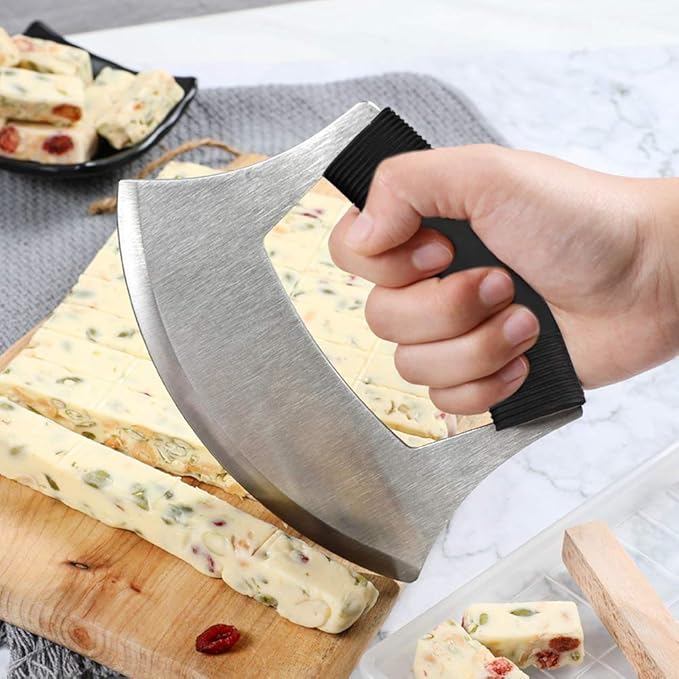Mezzaluna Salad Chopper,Stainless Steel Mezzaluna Knife Razor Sharp Rocker Slicer with Protection Cover Vegetable Chopper Mincing Cutter for Pizza Cheese Onion Carrot Pepper Garlic