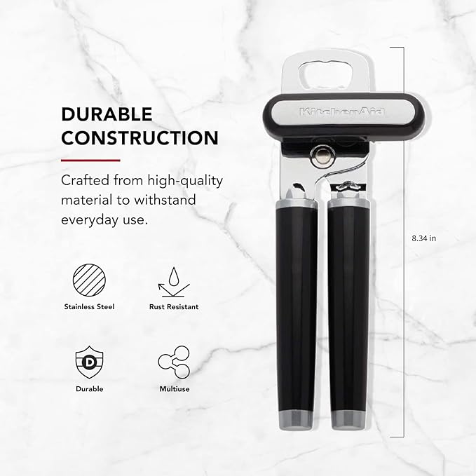 KitchenAid Classic Multifunction Can Opener and Bottle Opener Easy to Use, Razor Sharp Stainless Steel Cutting Wheel, Soft Ergonomic Handles, Black