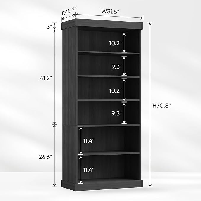 70.8" Tall Black Bookshelf, Farmhouse Modular Bookcase with 6-Tier Adjustable Shelves, Large Storage Cabinet for Home Office, Living Room, Set of 2