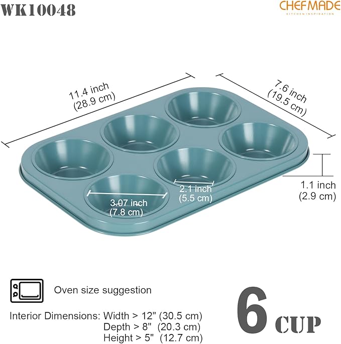 CHEFMADE Muffin Pan, 6-Cavity Non-Stick Cupcake Baking Pan Heavy Duty Carbon Steel Pan Muffin Tins Standard Baking Mold for Cakes（Green）