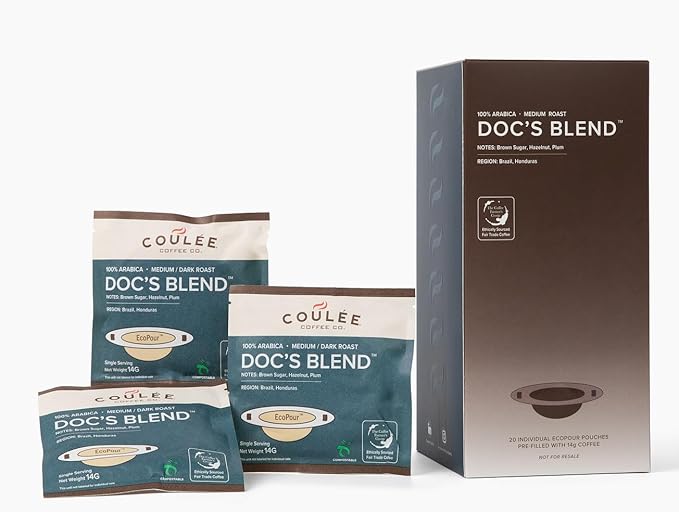 Coulée EcoPour Doc's Blend Coffee, Single Serve Pour Over Arabic Coffee, Dark Roast, Use for Camping or Traveling, Pre Filled Compostable Filters, Ready to Brew with Hot Water, 20 Pack