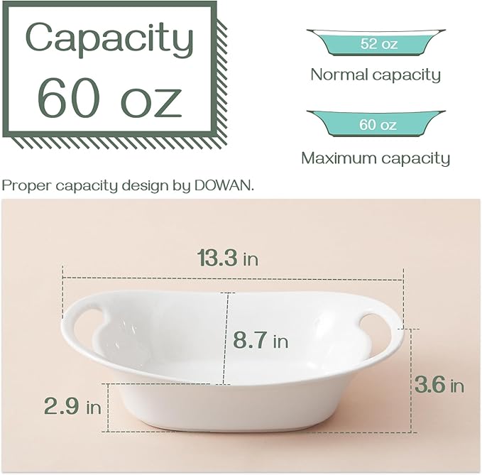 DOWAN Large Serving Bowls with Handles, 60 OZ Oval Serving Platter for Turkey, Fruit Salad Serving Dishes for Entertaining, Porcelain Pasta Bowls for Thanksgiving Day, Parties, Set of 2, Soft White