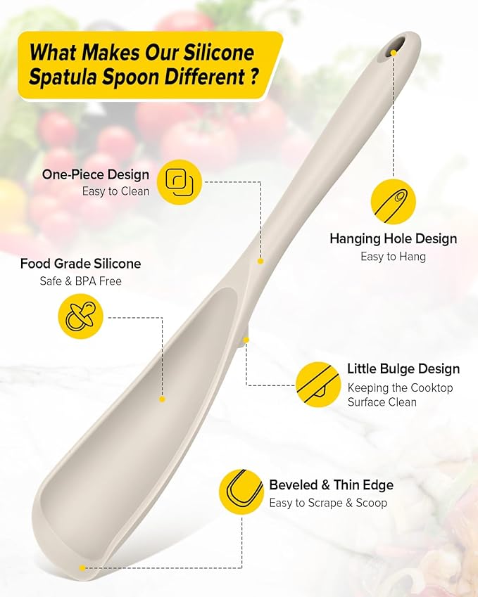 Pack of 2 Cooking Spoons for Non Stick Cookware, Multifunction Spatula Spoon BPA-Free, One-Piece Design, Suitable for Scooping, Scraping, Serving and Mixing (KHAKI-KHAKI)