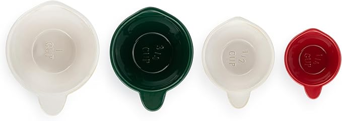 DEMDACO Baking Holiday Memories Red, Green, White Glossy Ceramic Stoneware Festive Christmas Kitchen Countertop Accessory Décor, Embossed Detail, Christmas Measuring Cups, Set of 4