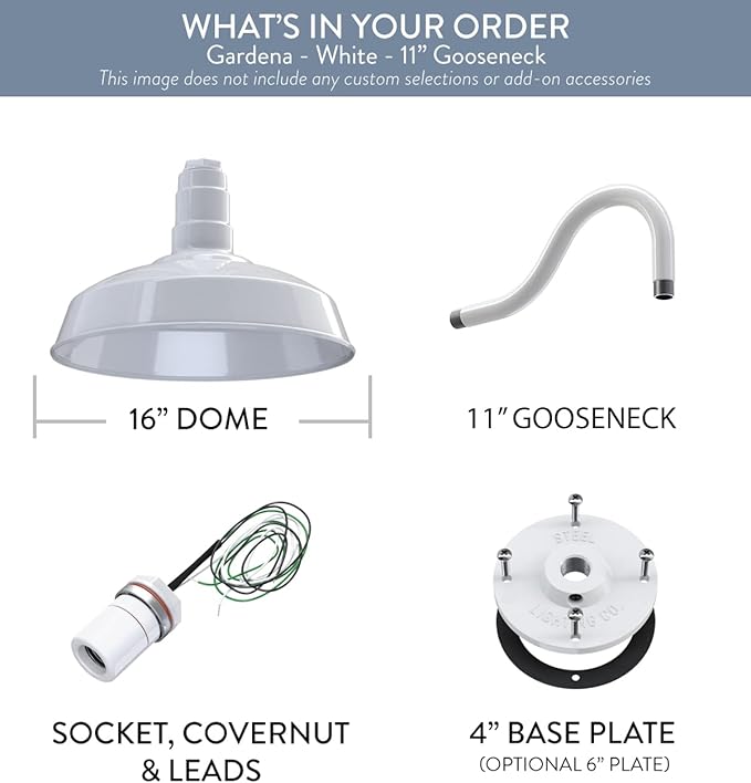 Steel Lighting Co. Gardena Barn Light | Outdoor Wall Mounted | 16" Dome | 11" Gooseneck | Farmhouse Light Made in America | White Exterior/White Interior