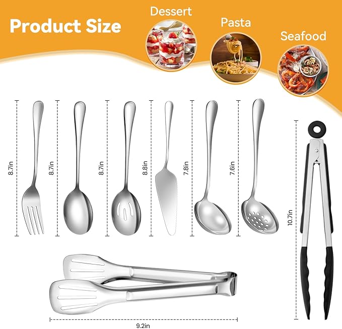Serving Utensils Set for Partie, Silver Stainless Steel Metal Serveware Large Serving Spoons, Slotted Spoons, Forks, Tongs, Soup and Skimmer Spoon, Cake Server for Buffet, Catering, Entertaining 15pcs