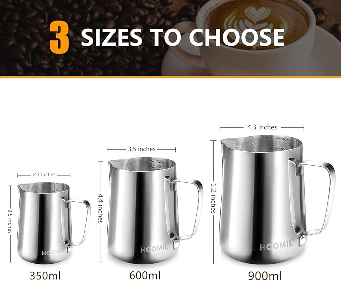 HOOMIL Milk Frothing Pitcher, 12oz/350ml Stainless Steel Steaming Pitcher Barista Milk Frother Cup Jug for Espresso Machine Coffee Cappuccino Latte Art - Silver