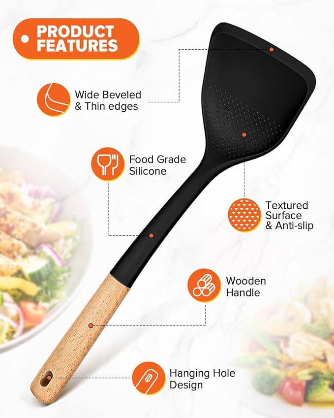Silicone Wok Spatula Turner Set, Perfect for Scooping, Flipping, Lifting Pancakes and Picking up Veggies, BPA-Free Matte Silicone, Wooden Handles, Safe for Nonstick Cooking Surfaces (Black)