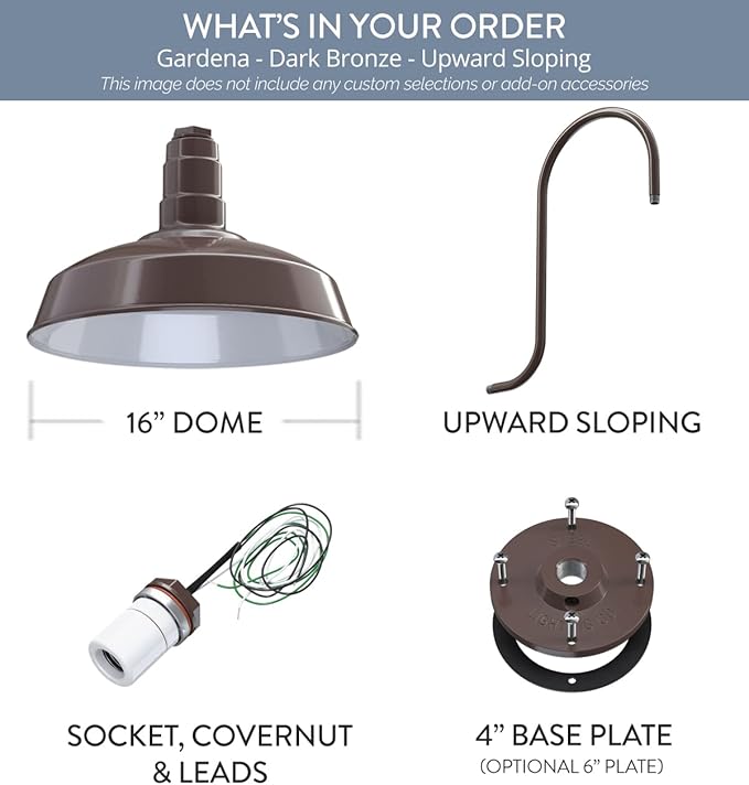 Steel Lighting Co. Gardena Barn Light | Outdoor Wall Mounted | 16" Dome | Upslope Gooseneck | Farmhouse Light Made in America | Dark Bronze Exterior/White Interior
