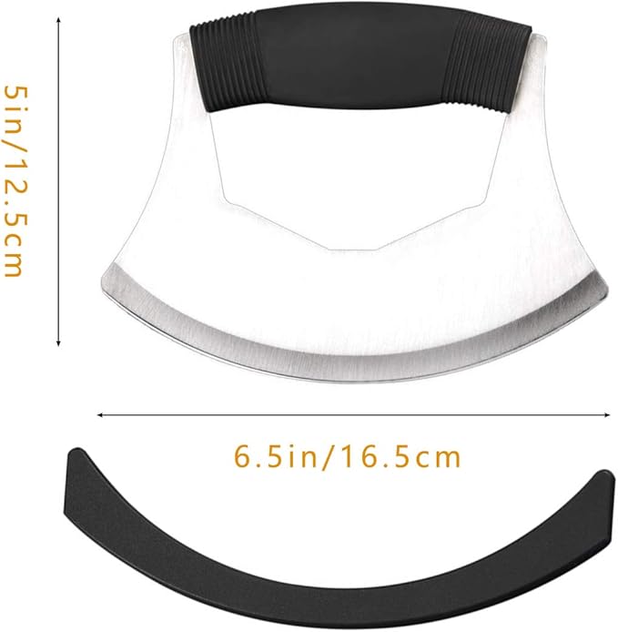 Mezzaluna Salad Chopper,Stainless Steel Mezzaluna Knife Razor Sharp Rocker Slicer with Protection Cover Vegetable Chopper Mincing Cutter for Pizza Cheese Onion Carrot Pepper Garlic